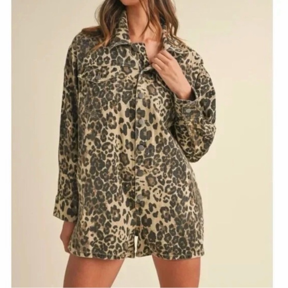 Mable Pants - NWT Mable Oversized Long Sleeve Leopard Print Denim Romper, M